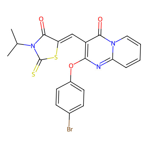 2-(4-bromophenoxy)-3-{(Z)-[4-oxo-3-(propan-2-yl)-2-thioxo-1,3-thiazolidin-5-ylidene]methyl}-4H-pyrido[1,2-a]pyrimidin-4-one structure