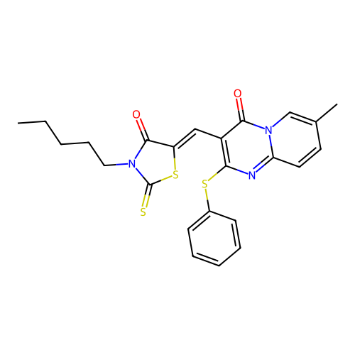 7-methyl-3-[(Z)-(4-oxo-3-pentyl-2-thioxo-1,3-thiazolidin-5-ylidene)methyl]-2-(phenylsulfanyl)-4H-pyrido[1,2-a]pyrimidin-4-one structure