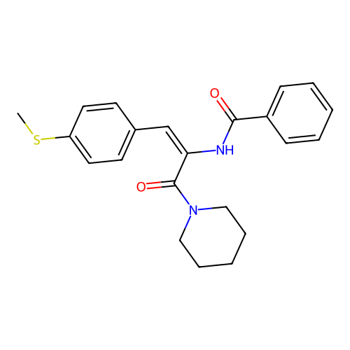 (E)-N-(1-(4-(methylthio)phenyl)-3-oxo-3-(piperidin-1-yl)prop-1-en-2-yl)benzamide structure