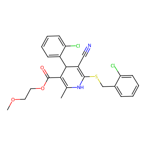 2-methoxyethyl 4-(2-chlorophenyl)-6-[(2-chlorophenyl)methylsulfanyl]-5-cyano-2-methyl-1,4-dihydropyridine-3-carboxylate structure