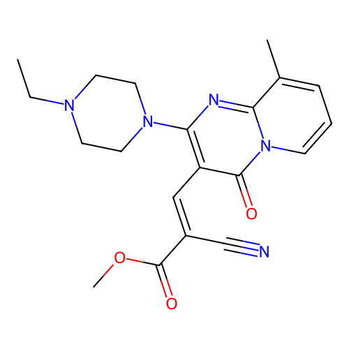 (E)-methyl 2-cyano-3-(2-(4-ethylpiperazin-1-yl)-9-methyl-4-oxo-4H-pyrido[1,2-a]pyrimidin-3-yl)acrylate structure