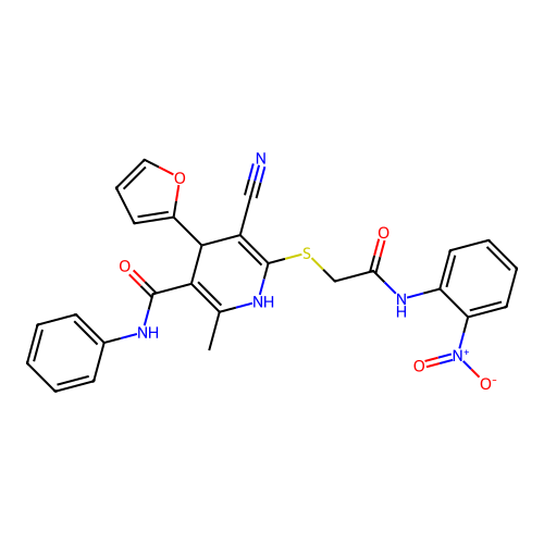 5-cyano-4-(furan-2-yl)-2-methyl-6-((2-((2-nitrophenyl)amino)-2-oxoethyl)thio)-N-phenyl-1,4-dihydropyridine-3-carboxamide structure