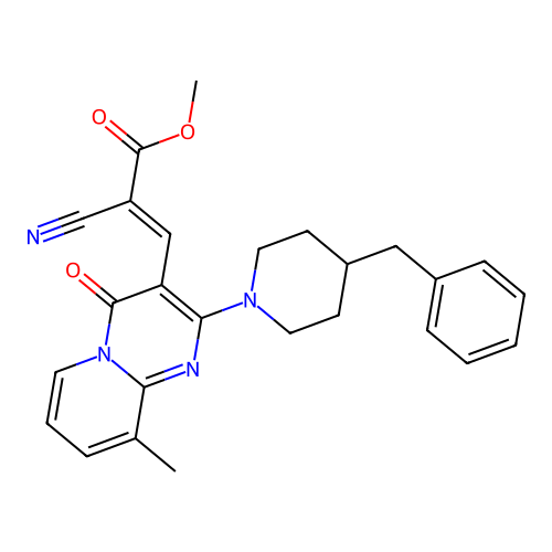 (E)-methyl 3-(2-(4-benzylpiperidin-1-yl)-9-methyl-4-oxo-4H-pyrido[1,2-a]pyrimidin-3-yl)-2-cyanoacrylate structure