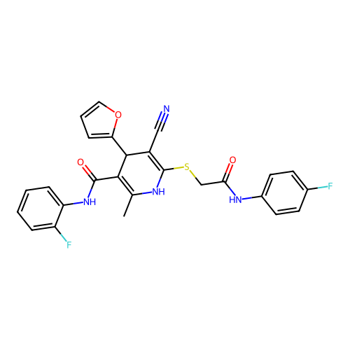 5-cyano-6-[2-(4-fluoroanilino)-2-oxoethyl]sulfanyl-N-(2-fluorophenyl)-4-(furan-2-yl)-2-methyl-1,4-dihydropyridine-3-carboxamide structure