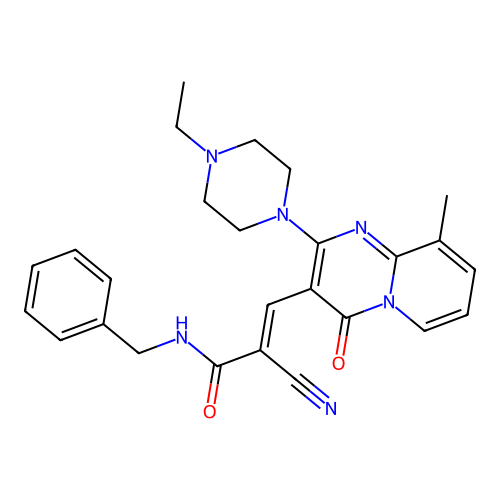 (2E)-N-benzyl-2-cyano-3-[2-(4-ethylpiperazin-1-yl)-9-methyl-4-oxo-4H-pyrido[1,2-a]pyrimidin-3-yl]prop-2-enamide structure