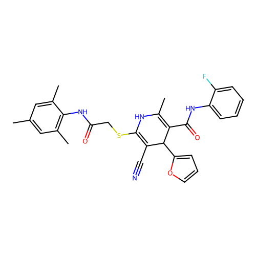 5-cyano-N-(2-fluorophenyl)-4-(furan-2-yl)-2-methyl-6-({2-oxo-2-[(2,4,6-trimethylphenyl)amino]ethyl}sulfanyl)-1,4-dihydropyridine-3-carboxamide structure