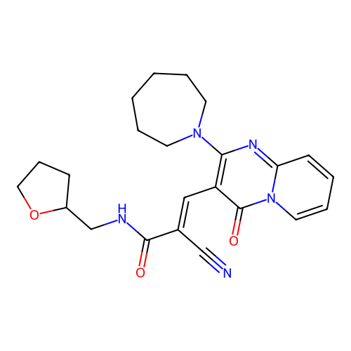 (2E)-3-(2-azaperhydroepinyl-4-oxo(5-hydropyridino[1,2-a]pyrimidin-3-yl))-2-cya no-N-(oxolan-2-ylmethyl)prop-2-enamide structure