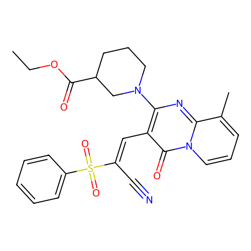 (E)-ethyl 1-(3-(2-cyano-2-(phenylsulfonyl)vinyl)-9-methyl-4-oxo-4H-pyrido[1,2-a]pyrimidin-2-yl)piperidine-3-carboxylate structure