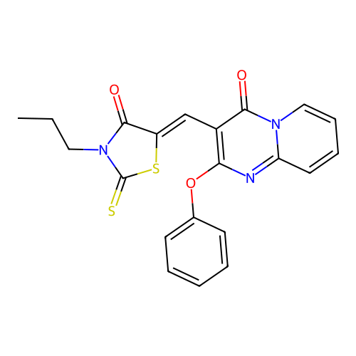 3-[(Z)-(4-oxo-3-propyl-2-thioxo-1,3-thiazolidin-5-ylidene)methyl]-2-phenoxy-4H-pyrido[1,2-a]pyrimidin-4-one structure