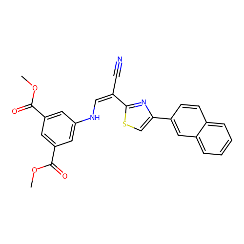 (Z)-dimethyl 5-((2-cyano-2-(4-(naphthalen-2-yl)thiazol-2-yl)vinyl)amino)isophthalate structure
