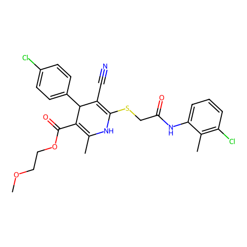 2-methoxyethyl 6-((2-((3-chloro-2-methylphenyl)amino)-2-oxoethyl)thio)-4-(4-chlorophenyl)-5-cyano-2-methyl-1,4-dihydropyridine-3-carboxylate structure