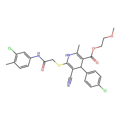 2-methoxyethyl 6-((2-((3-chloro-4-methylphenyl)amino)-2-oxoethyl)thio)-4-(4-chlorophenyl)-5-cyano-2-methyl-1,4-dihydropyridine-3-carboxylate structure