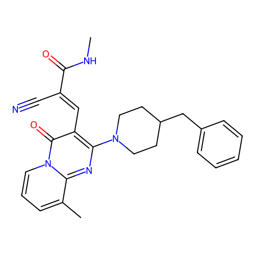 (2E)-3-[2-(4-benzylpiperidin-1-yl)-9-methyl-4-oxo-4H-pyrido[1,2-a]pyrimidin-3-yl]-2-cyano-N-methylprop-2-enamide structure