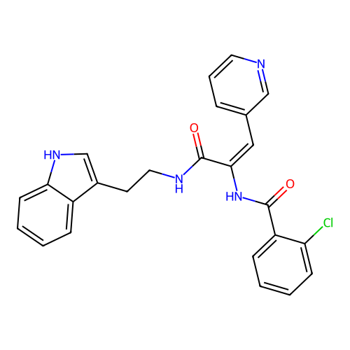 (E)-N-(3-((2-(1H-indol-3-yl)ethyl)amino)-3-oxo-1-(pyridin-3-yl)prop-1-en-2-yl)-2-chlorobenzamide structure