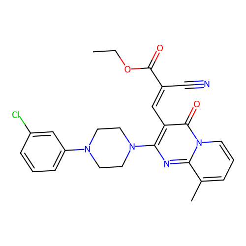 (E)-ethyl 3-(2-(4-(3-chlorophenyl)piperazin-1-yl)-9-methyl-4-oxo-4H-pyrido[1,2-a]pyrimidin-3-yl)-2-cyanoacrylate structure