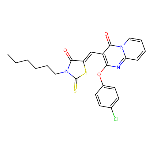 2-(4-chlorophenoxy)-3-[(Z)-(3-hexyl-4-oxo-2-thioxo-1,3-thiazolidin-5-ylidene)methyl]-4H-pyrido[1,2-a]pyrimidin-4-one structure