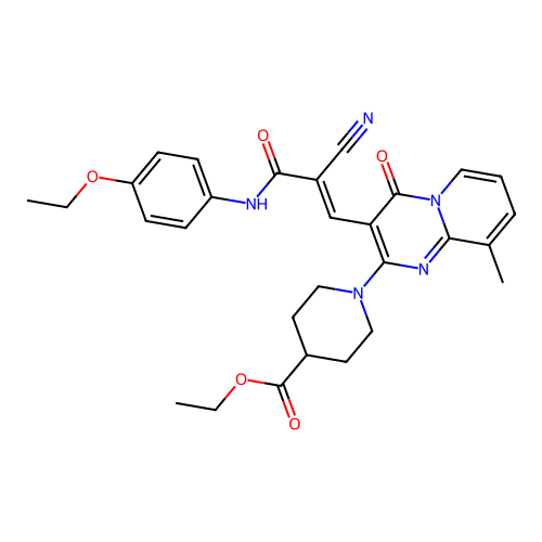 (E)-ethyl 1-(3-(2-cyano-3-((4-ethoxyphenyl)amino)-3-oxoprop-1-en-1-yl)-9-methyl-4-oxo-4H-pyrido[1,2-a]pyrimidin-2-yl)piperidine-4-carboxylate structure