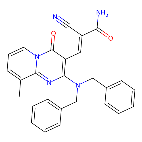 (2E)-2-cyano-3-[2-(dibenzylamino)-9-methyl-4-oxo-4H-pyrido[1,2-a]pyrimidin-3-yl]prop-2-enamide structure