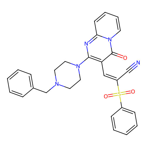 (2E)-3-[2-(4-benzylpiperazin-1-yl)-4-oxo-4H-pyrido[1,2-a]pyrimidin-3-yl]-2-(phenylsulfonyl)prop-2-enenitrile structure