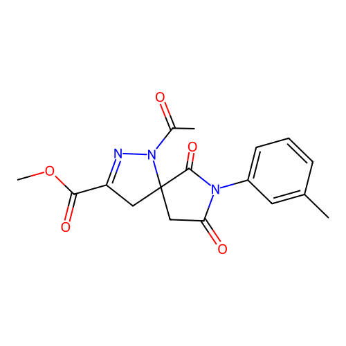 methyl 1-acetyl-6,8-dioxo-7-(m-tolyl)-1,2,7-triazaspiro[4.4]non-2-ene-3-carboxylate structure