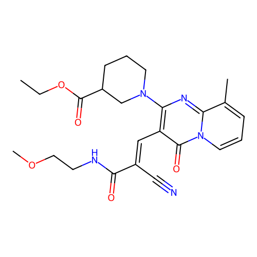 (E)-ethyl 1-(3-(2-cyano-3-((2-methoxyethyl)amino)-3-oxoprop-1-en-1-yl)-9-methyl-4-oxo-4H-pyrido[1,2-a]pyrimidin-2-yl)piperidine-3-carboxylate structure