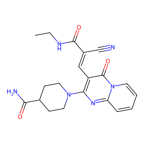 (E)-1-(3-(2-cyano-3-(ethylamino)-3-oxoprop-1-en-1-yl)-4-oxo-4H-pyrido[1,2-a]pyrimidin-2-yl)piperidine-4-carboxamide structure