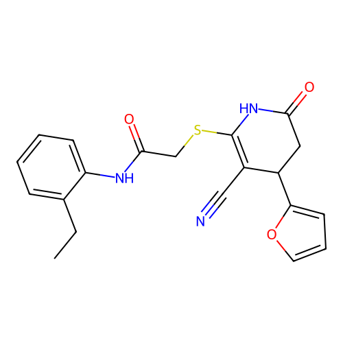 2-((3-cyano-4-(furan-2-yl)-6-oxo-1,4,5,6-tetrahydropyridin-2-yl)thio)-N-(2-ethylphenyl)acetamide structure