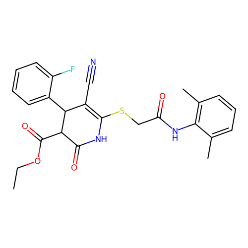 ethyl 5-cyano-6-((2-((2,6-dimethylphenyl)amino)-2-oxoethyl)thio)-4-(2-fluorophenyl)-2-oxo-1,2,3,4-tetrahydropyridine-3-carboxylate structure