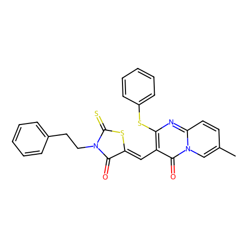 7-methyl-3-{(Z)-[4-oxo-3-(2-phenylethyl)-2-thioxo-1,3-thiazolidin-5-ylidene]methyl}-2-(phenylsulfanyl)-4H-pyrido[1,2-a]pyrimidin-4-one structure