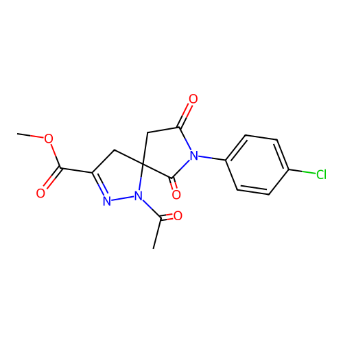 methyl 1-acetyl-7-(4-chlorophenyl)-6,8-dioxo-1,2,7-triazaspiro[4.4]non-2-ene-3-carboxylate structure