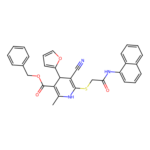 benzyl 5-cyano-4-(furan-2-yl)-2-methyl-6-((2-(naphthalen-1-ylamino)-2-oxoethyl)thio)-1,4-dihydropyridine-3-carboxylate structure