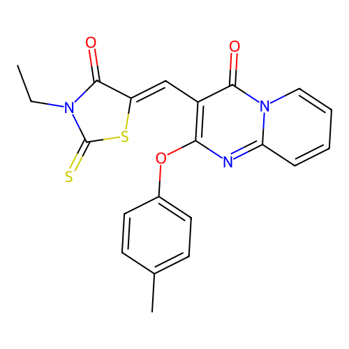 3-[(Z)-(3-ethyl-4-oxo-2-thioxo-1,3-thiazolidin-5-ylidene)methyl]-2-(4-methylphenoxy)-4H-pyrido[1,2-a]pyrimidin-4-one structure