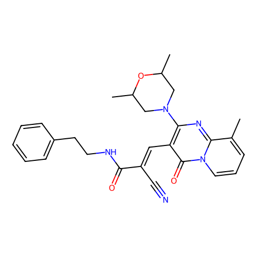 (2E)-2-cyano-3-[2-(2,6-dimethylmorpholin-4-yl)-9-methyl-4-oxo-4H-pyrido[1,2-a]pyrimidin-3-yl]-N-(2-phenylethyl)prop-2-enamide structure