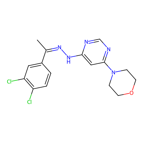 (Z)-4-(6-(2-(1-(3,4-dichlorophenyl)ethylidene)hydrazinyl)pyrimidin-4-yl)morpholine structure