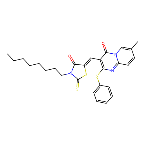 7-methyl-3-[(Z)-(3-octyl-4-oxo-2-thioxo-1,3-thiazolidin-5-ylidene)methyl]-2-(phenylsulfanyl)-4H-pyrido[1,2-a]pyrimidin-4-one structure