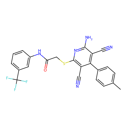 2-((6-amino-3,5-dicyano-4-(p-tolyl)pyridin-2-yl)thio)-N-(3-(trifluoromethyl)phenyl)acetamide structure