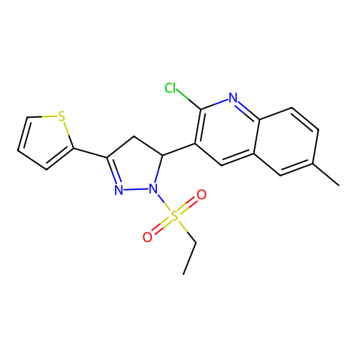 2-chloro-3-(2-ethylsulfonyl-5-thiophen-2-yl-3,4-dihydropyrazol-3-yl)-6-methyl-quinoline structure