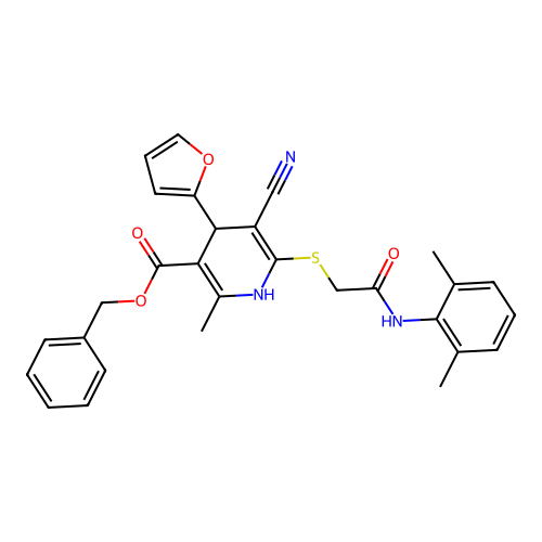 benzyl 5-cyano-6-((2-((2,6-dimethylphenyl)amino)-2-oxoethyl)thio)-4-(furan-2-yl)-2-methyl-1,4-dihydropyridine-3-carboxylate structure