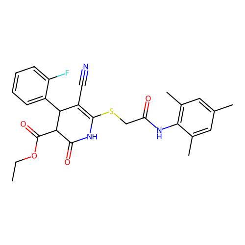 ethyl 5-cyano-4-(2-fluorophenyl)-2-oxo-6-({2-oxo-2-[(2,4,6-trimethylphenyl)amino]ethyl}sulfanyl)-1,2,3,4-tetrahydropyridine-3-carboxylate structure