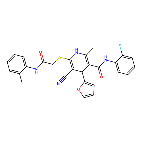 5-cyano-N-(2-fluorophenyl)-4-(furan-2-yl)-2-methyl-6-({2-[(2-methylphenyl)amino]-2-oxoethyl}sulfanyl)-1,4-dihydropyridine-3-carboxamide structure