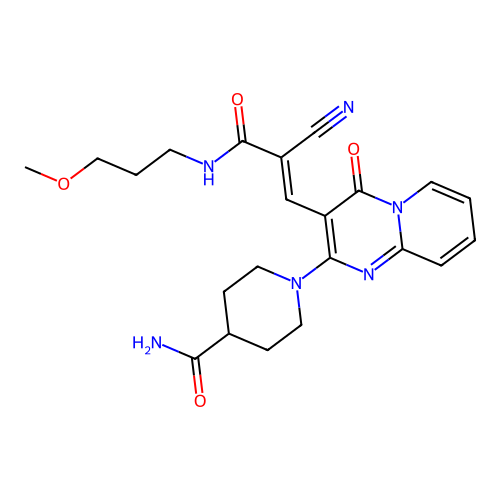 (E)-1-(3-(2-cyano-3-((3-methoxypropyl)amino)-3-oxoprop-1-en-1-yl)-4-oxo-4H-pyrido[1,2-a]pyrimidin-2-yl)piperidine-4-carboxamide structure