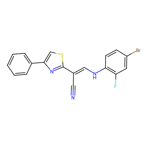 (E)-3-((4-bromo-2-fluorophenyl)amino)-2-(4-phenylthiazol-2-yl)acrylonitrile structure