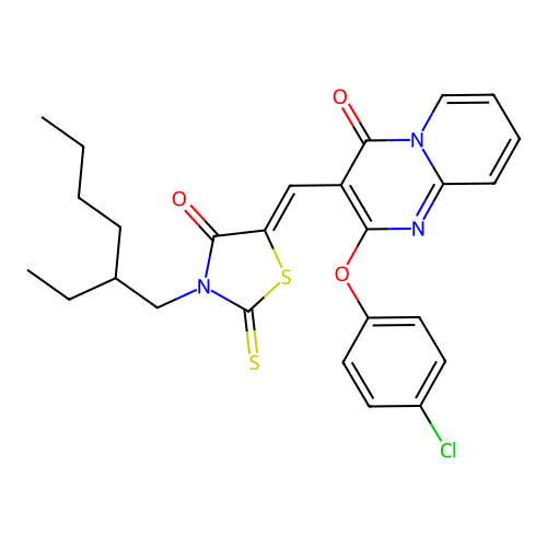 2-(4-chlorophenoxy)-3-{(Z)-[3-(2-ethylhexyl)-4-oxo-2-thioxo-1,3-thiazolidin-5-ylidene]methyl}-4H-pyrido[1,2-a]pyrimidin-4-one structure