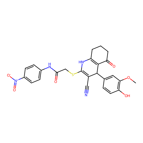 2-((3-cyano-4-(4-hydroxy-3-methoxyphenyl)-5-oxo-1,4,5,6,7,8-hexahydroquinolin-2-yl)thio)-N-(4-nitrophenyl)acetamide structure