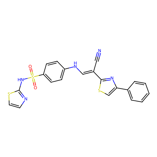 (E)-4-((2-cyano-2-(4-phenylthiazol-2-yl)vinyl)amino)-N-(thiazol-2-yl)benzenesulfonamide structure