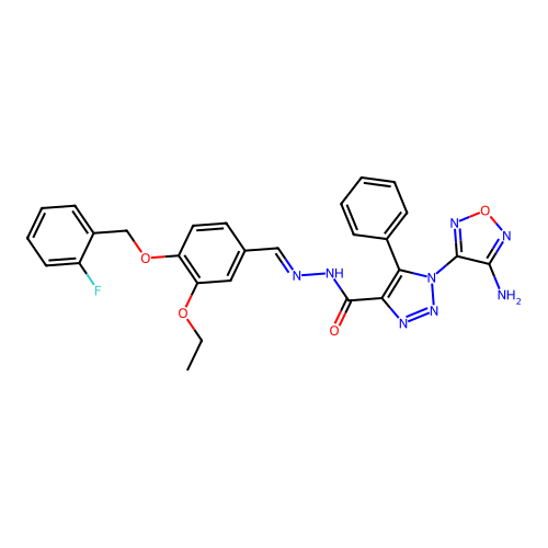 (E)-1-(4-amino-1,2,5-oxadiazol-3-yl)-N'-(3-ethoxy-4-((2-fluorobenzyl)oxy)benzylidene)-5-phenyl-1H-1,2,3-triazole-4-carbohydrazide structure