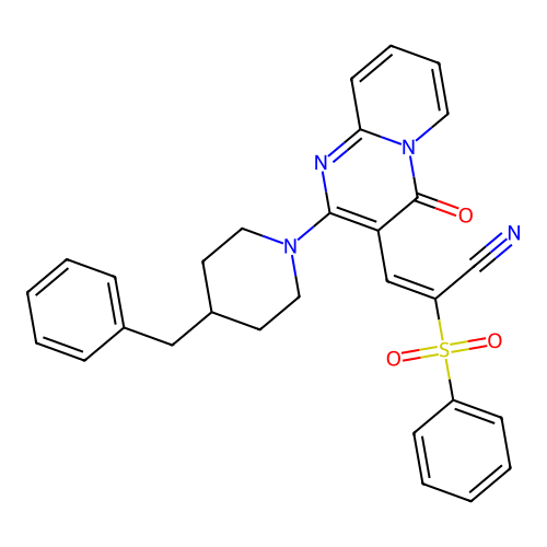 (2E)-3-[2-(4-benzylpiperidin-1-yl)-4-oxo-4H-pyrido[1,2-a]pyrimidin-3-yl]-2-(phenylsulfonyl)prop-2-enenitrile structure