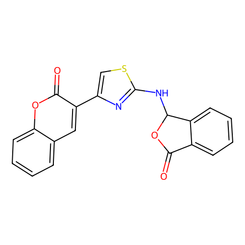 3-(2-((3-oxo-1,3-dihydroisobenzofuran-1-yl)amino)thiazol-4-yl)-2H-chromen-2-one structure