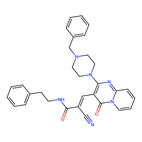 (2E)-3-[2-(4-benzylpiperazin-1-yl)-4-oxo-4H-pyrido[1,2-a]pyrimidin-3-yl]-2-cyano-N-(2-phenylethyl)prop-2-enamide structure