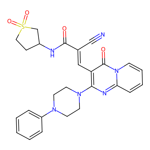 (2E)-2-cyano-N-(1,1-dioxidotetrahydrothiophen-3-yl)-3-[4-oxo-2-(4-phenylpiperazin-1-yl)-4H-pyrido[1,2-a]pyrimidin-3-yl]prop-2-enamide structure